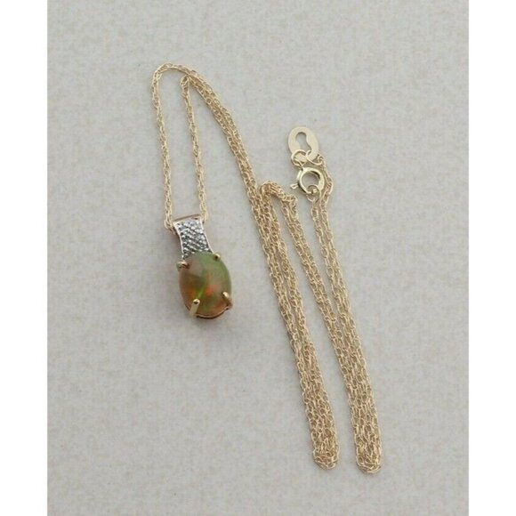 9k Yellow Gold Natural Ethiopian Opal & Diamond Necklace 10k Gold 18 inch chain - Picture 4 of 8